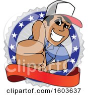 Clipart Of A Male Trucker Mascot Character Giving A Thumb Up Over A Blank Banner And Badge Royalty Free Vector Illustration