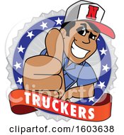 Male Trucker Mascot Character Giving A Thumb Up Over A Banner And Badge