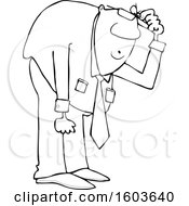 Clipart Of A Cartoon Lineart Black Business Man Bending Over To Look At Something Royalty Free Vector Illustration