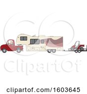 Cartoon White Man Driving A Pickup Truck And Hauling A Camper Fifth Wheel Trailer With An Atv On A Trailer