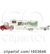 Cartoon White Man Driving A Pickup Truck And Hauling A Camper Fifth Wheel Trailer With A Boat On A Trailer