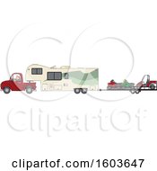 Poster, Art Print Of Cartoon White Man Driving A Pickup Truck And Hauling A Camper Fifth Wheel Trailer With A Trailer Of Atvs