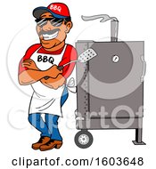 Black Man Holding A Spatula In Folded Arms And Leaning Against A Bbq Smoker