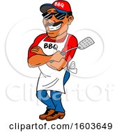 Clipart Of A Black Man Holding A Spatula In Folded Arms And Leaning Against A Bbq Smoker Royalty Free Vector Illustration