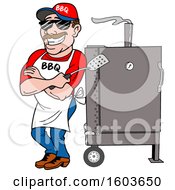 White Man Holding A Spatula In Folded Arms And Leaning Against A Bbq Smoker