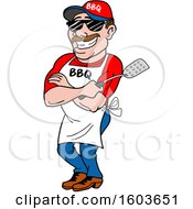 Clipart Of A White Man Holding A Spatula In Folded Arms And Leaning Against A Bbq Smoker Royalty Free Vector Illustration