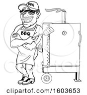 Poster, Art Print Of Lineart Man Holding A Spatula In Folded Arms And Leaning Against A Bbq Smoker