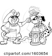 Poster, Art Print Of Lineart Drooling Dalmatian Dog And Pig Fireman Chef Holding Up Fiery Ribs