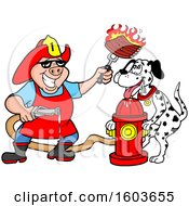 Poster, Art Print Of Drooling Dalmatian Dog And Pig Fireman Chef Holding Up Fiery Ribs