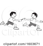 Boys Passing A Baton In A Relay Race Over A Green Oval