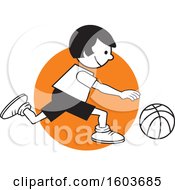 Poster, Art Print Of Girl Dribbling A Basketball Over An Orange Circle