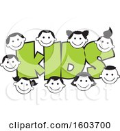 Poster, Art Print Of The Word Kids In Green Surrounded By Faces Of Children