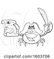 Clipart Of A Lineart Happy Pirate Captain Crab Mascot Character Holding A Sword And Treasure Map Royalty Free Vector Illustration