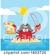 Poster, Art Print Of Happy Pirate Captain Crab Mascot Character Holding A Sword And Treasure Map On An Island