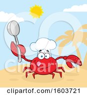 Poster, Art Print Of Happy Crab Chef Mascot Character Holding A Spoon On A Beach