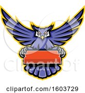 Poster, Art Print Of Purple Great Horned Owl Mascot Flying With A Blank Banner