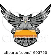 Poster, Art Print Of Gray Great Horned Owl Mascot Flying With A Blank Banner