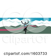 Clipart Of A Silhouetted Male Marathon Runner Breaking Through The Finish Line Against A Snow Capped Mountainous Sunset Royalty Free Vector Illustration
