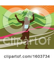 Clipart Of A Silhouetted Male Marathon Runner Breaking Through The Finish Line Against A Mountainous Sunset Royalty Free Vector Illustration