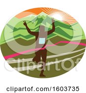 Clipart Of A Silhouetted Male Marathon Runner Breaking Through The Finish Line In An Oval Against A Mountainous Sunset Royalty Free Vector Illustration