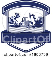 Clipart Of A Shield With Heavy Equipment Used In Tree Mulching Bush Hogging And Excavation Services In Blue And White Royalty Free Vector Illustration
