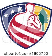 Clipart Of A Retro Male Rugby Player Formed Of Stripes In A Star Shield With A Tree Royalty Free Vector Illustration