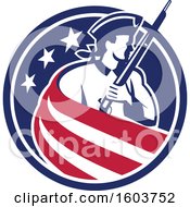 Clipart Of A Revolutionary Soldier Holding A Musket Draped In Stripes In An American Star Circle Royalty Free Vector Illustration