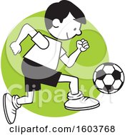 Clipart Of A Boy Playing Soccer Over A Green Circle Royalty Free Vector Illustration