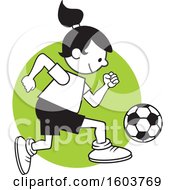 Clipart Of A Boy Playing Soccer Over A Green Circle Royalty Free Vector Illustration