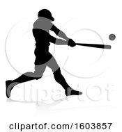 Poster, Art Print Of Black Silhouetted Baseball Player Batting With A Reflection On A White Background