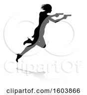Poster, Art Print Of Silhouetted Femme Fatale Shooting With A Reflection Or Shadow On A White Background
