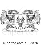 Poster, Art Print Of Black And White Heraldic Shield With Dragons
