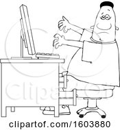 Clipart Of A Cartoon Lineart Black Man Working At A Computer Desk Royalty Free Vector Illustration