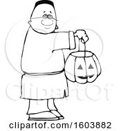 Clipart Of A Cartoon Lineart Black Boy Holding A Halloween Candy Bucket And Trick Or Treating Royalty Free Vector Illustration