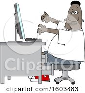 Clipart Of A Cartoon Black Man Working At A Computer Desk Royalty Free Vector Illustration