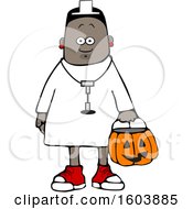 Poster, Art Print Of Cartoon Black Girl Wearing Halloween Nurse Costume While Trick Or Treating