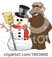 Wolverine School Mascot Character With A Christmas Snowman