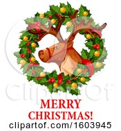 Clipart Of A Merry Christmas Greeting With A Wreath And A Reindeer Royalty Free Vector Illustration