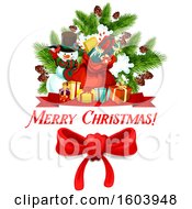 Poster, Art Print Of Merry Christmas Greeting With A Bow And Items