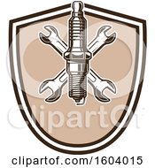 Poster, Art Print Of Brown Automotive Shield With A Spark Plug And Wrenches
