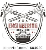 Clipart Of A Shield With Engineering Services Text And Tools Royalty Free Vector Illustration