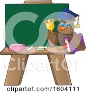 Clipart Of A Professor Owl Teacher Ringing A Bell By A Chalkboard Royalty Free Vector Illustration by visekart