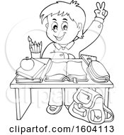 Poster, Art Print Of Lineart School Boy Raising His Hand At His Desk