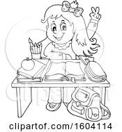 Poster, Art Print Of Lineart School Girl Raising Her Hand At Her Desk