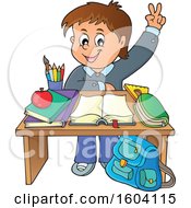 Poster, Art Print Of Caucasian School Boy Raising His Hand At His Desk