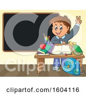 Poster, Art Print Of Caucasian School Boy Raising His Hand At His Desk In Front Of A Blackboard