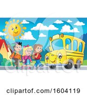 Poster, Art Print Of Group Of Children Boarding A School Bus On A Sunny Morning
