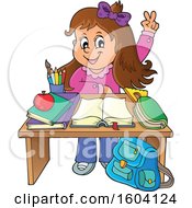 Poster, Art Print Of Caucasian School Girl Raising Her Hand At Her Desk