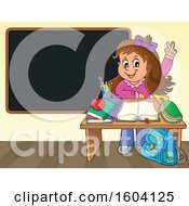 Poster, Art Print Of Caucasian School Girl Raising Her Hand At Her Desk By A Blackboard