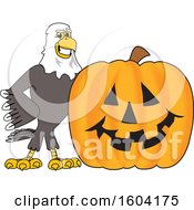 Poster, Art Print Of Bald Eagle School Mascot Character With A Halloween Pumpkin